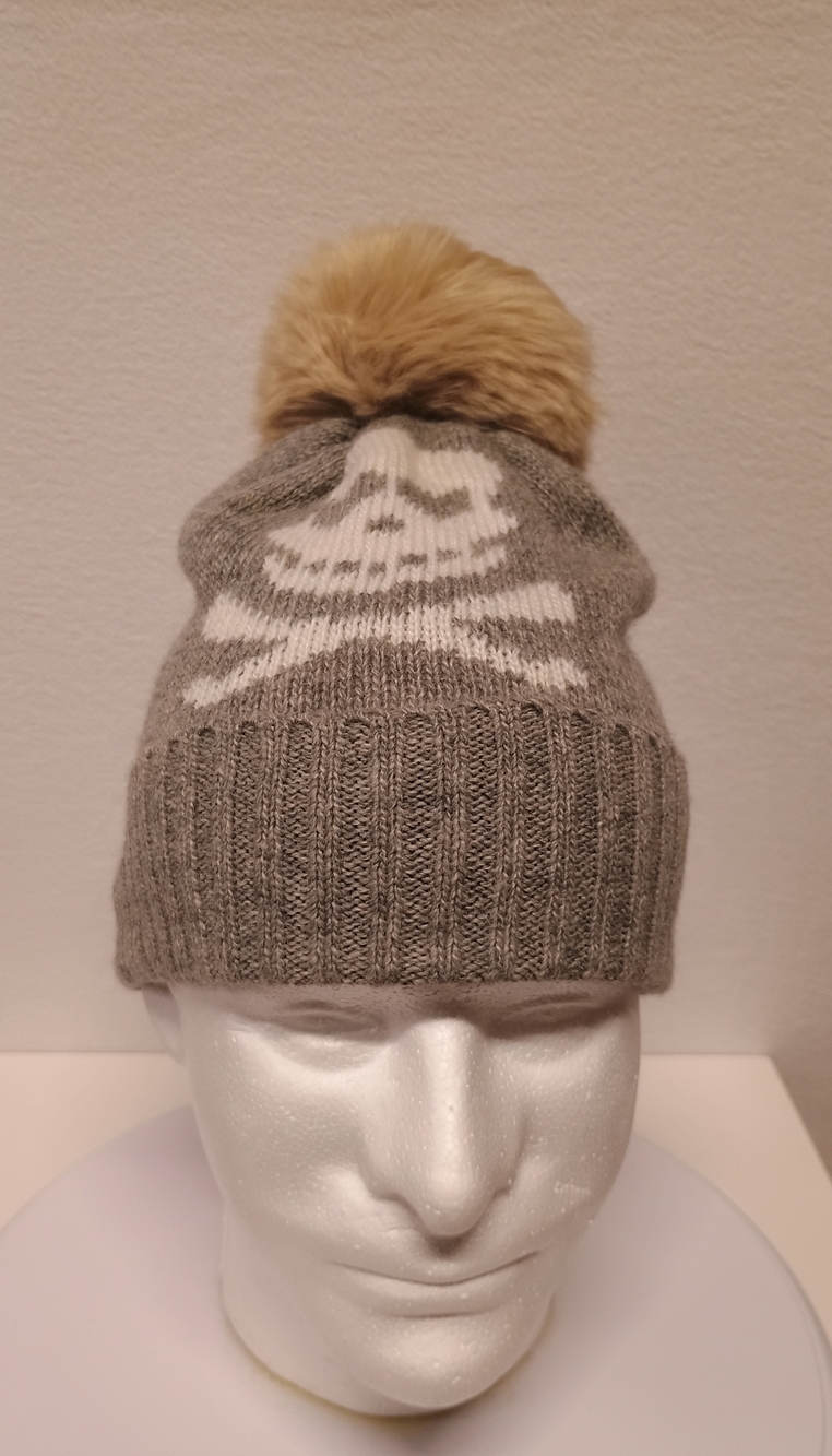 Mark & Graham Women's Gray Skull Knit Beanie with Tan Pom-Pom